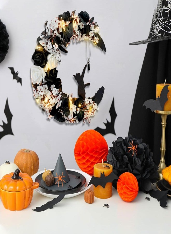 FSSODWT Halloween Wreaths For Front Door, Flower Moon Cat Halloween Home Decoration, Halloween Family Gathering Decoration Wreath，Outdoor, Wall, Closet, Fence, Wreath Halloween (Moon Cat - White13.7in×9.8in) - Image 3